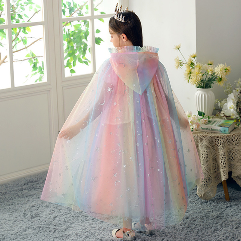 女童爱莎公主七彩网纱防晒斗篷儿童艾莎女孩外搭夏季披肩洋气披风