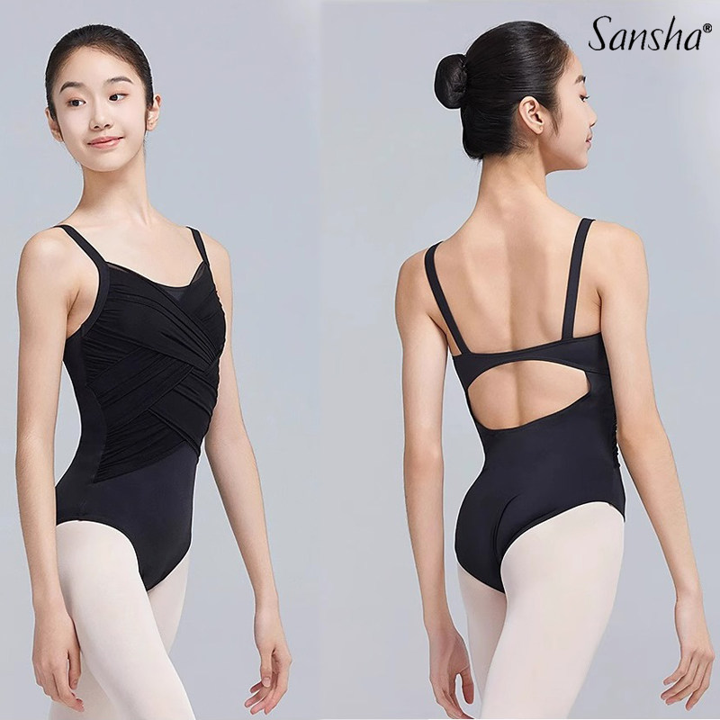 sansha法国三沙芭蕾舞成人女吊带连体服形体练功服交叉表演舞蹈服