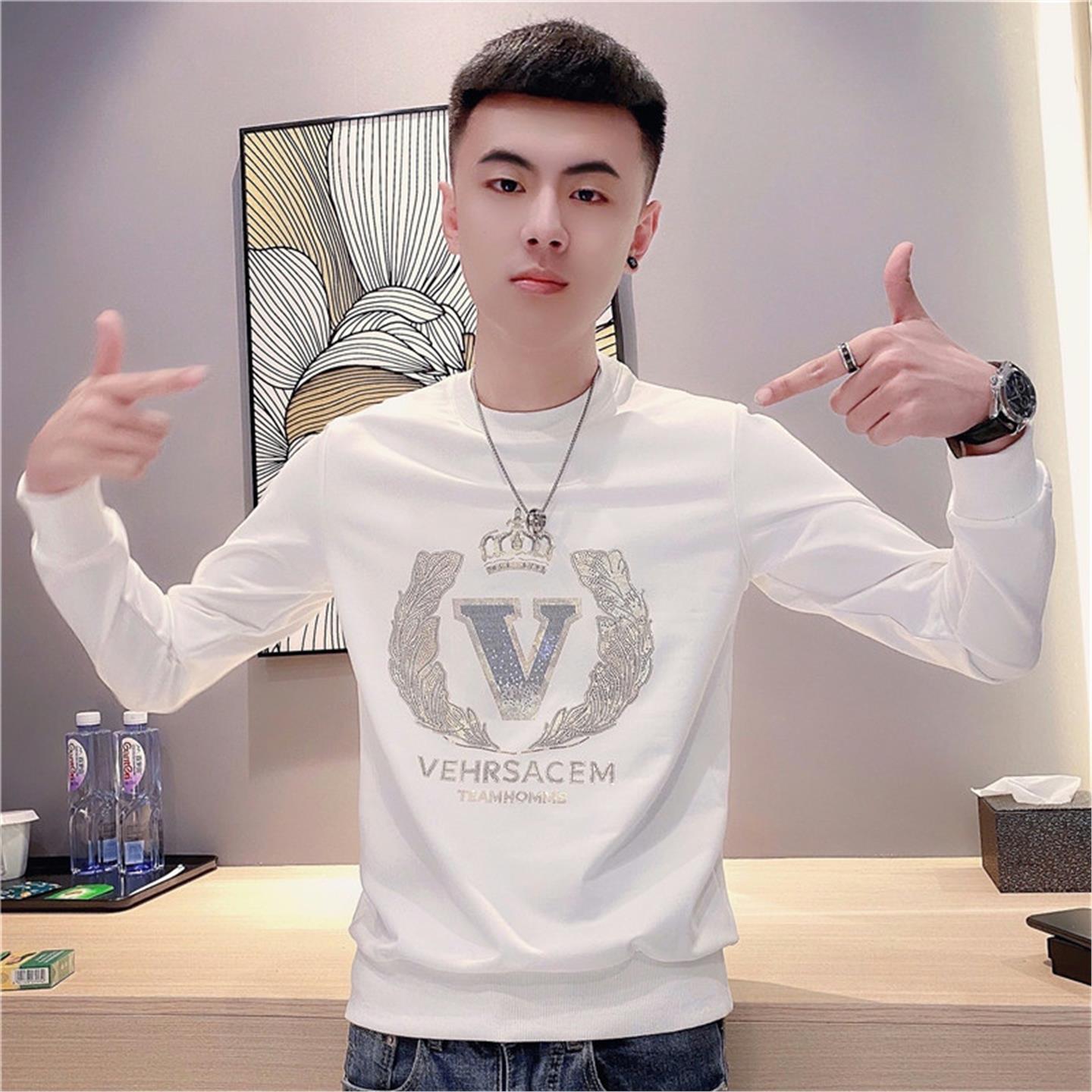 网红潮牌卫衣男圆领修身上衣服秋季潮流休闲长袖打底百搭男装外套