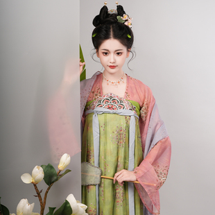 山遲 破裙春夏套 漢服敦煌唐制復(fù)原風(fēng)顯瘦少女齊胸襦裙上衫 豆蔻