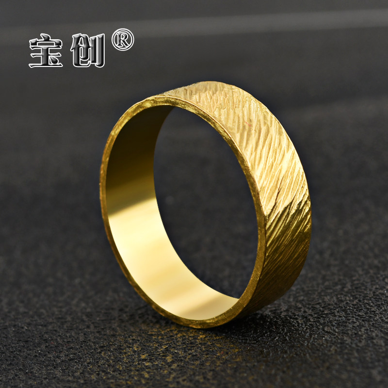 足金999纯手工斜纹戒指纯黄金实心宽面平板复古男女情侣对戒_虎窝淘