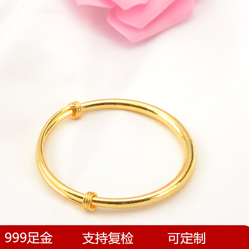 999足金光面抽拉活口圆棍手镯纯黄金大肚经典亮面素圈手环可定制