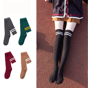 春秋二道杠过膝袜学院风纯棉女袜日系彩色学生女士长高筒大腿袜子