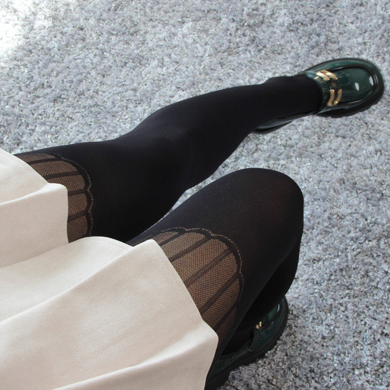 春秋80d大腿提花丝袜连裤袜 黑色假过膝长筒织花打底袜子经典时尚