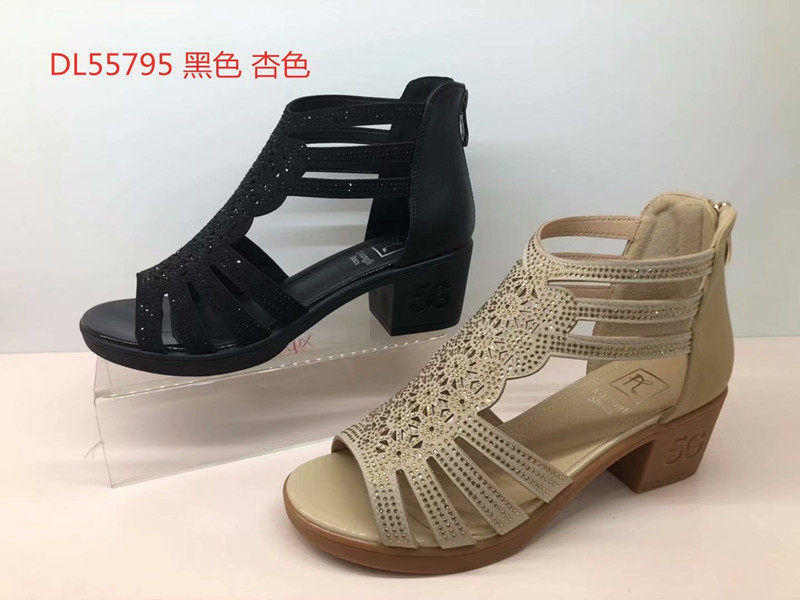 香香莉女鞋2020夏季新款粗跟镂空鱼嘴水钻后拉链休闲女凉鞋55795