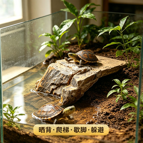 乌龟爬台低水位巴西龟专用晒台石料平底木化石鱼缸木纹石造景原石