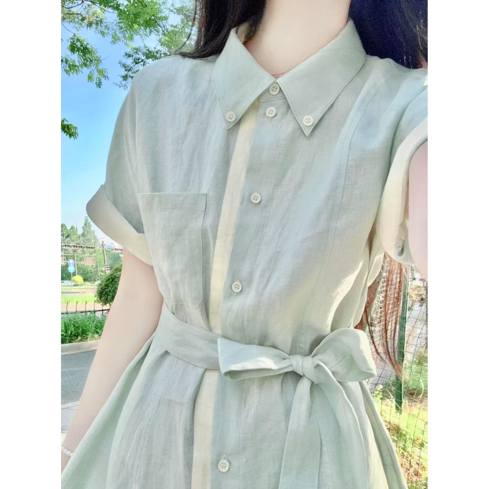 2025夏季新款黄绿拼接短袖衬衫连衣裙女夏季蝴蝶结绑带遮肉长裙子