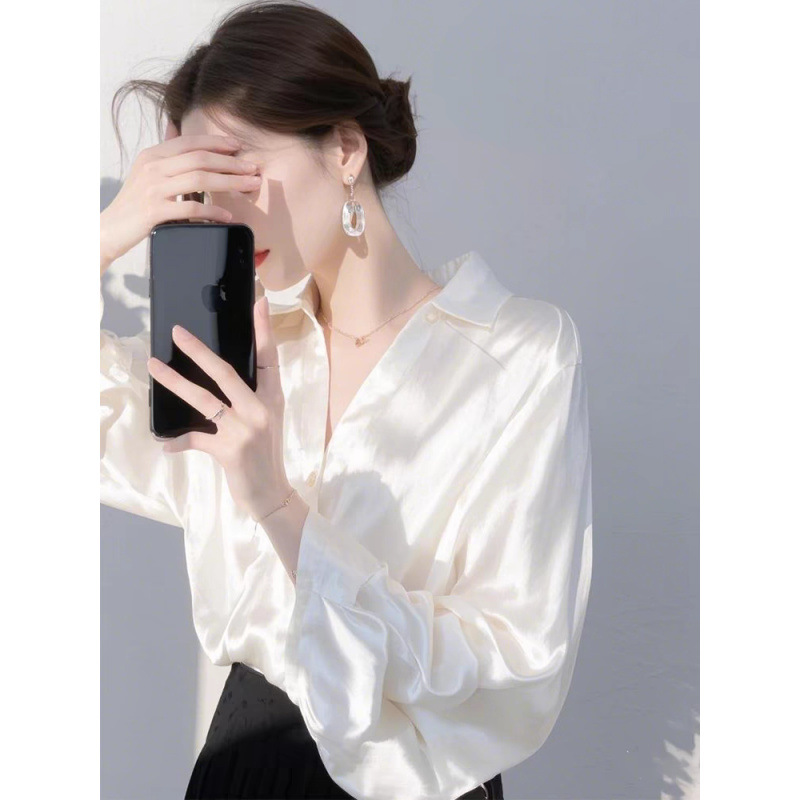 今年爆款缎面白色衬衫女款2025春季新款高端法式长袖气质百搭上衣