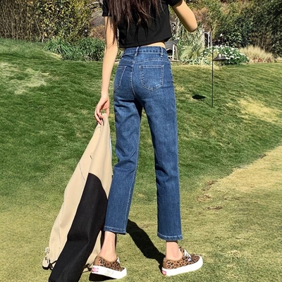 蓝色高腰直筒显瘦遮肉牛仔裤女