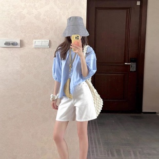 高腰五分阔腿裤 白色牛仔短裤 女夏外穿无弹百搭显瘦宽松休闲直筒裤