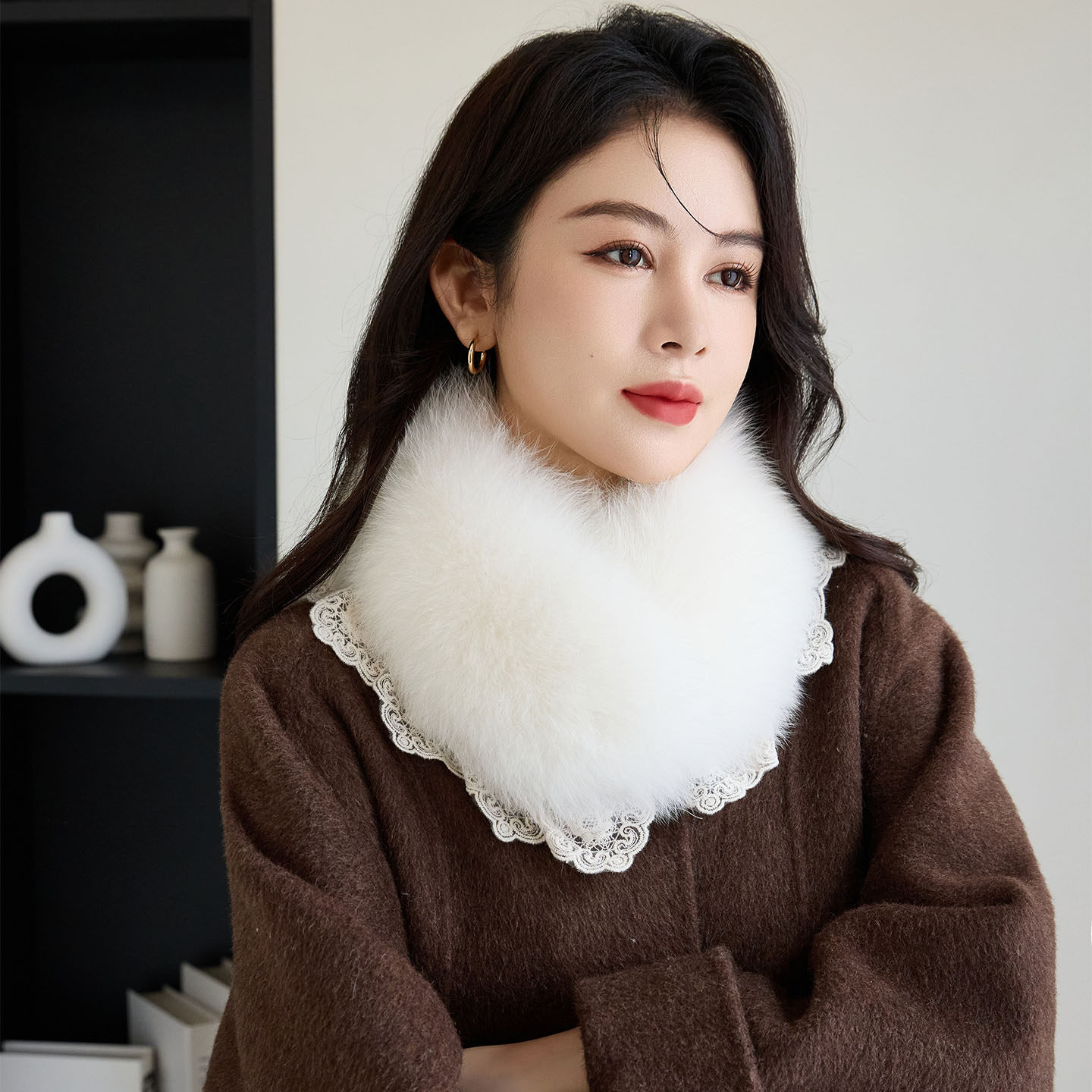 韩系狐狸毛围巾女冬季高级感蕾丝花边毛领子真皮草毛绒围脖磁吸扣