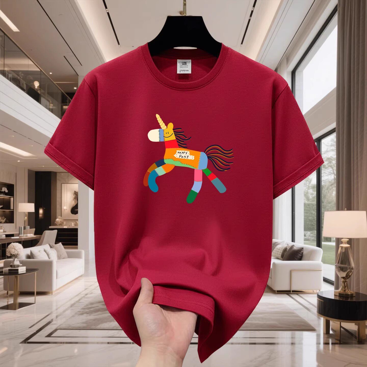 香港正品潮牌马年本命年酒红色彩色木马半袖男女纯棉宽松短袖T恤