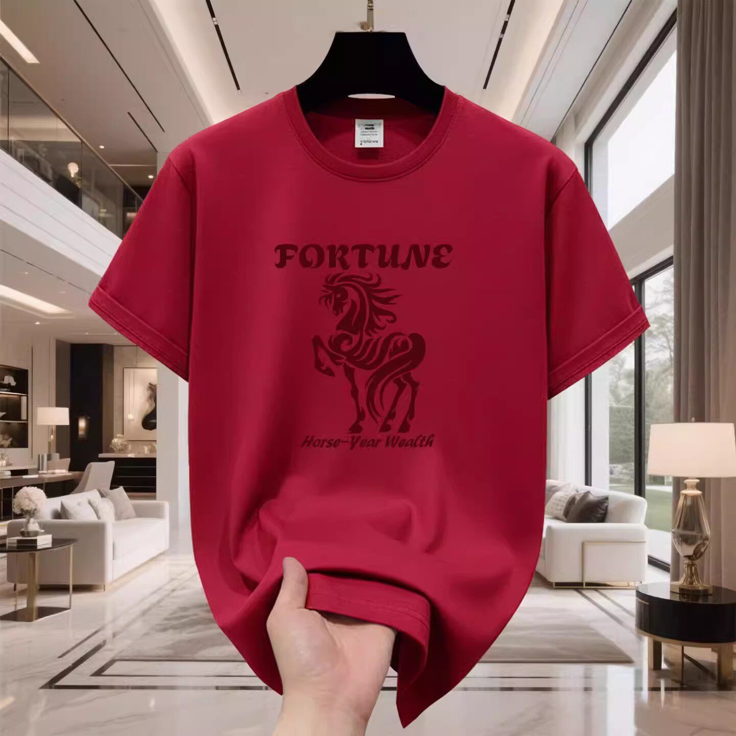 香港正品潮牌马年本命年酒红色条纹战马半袖男女纯棉宽松短袖T恤