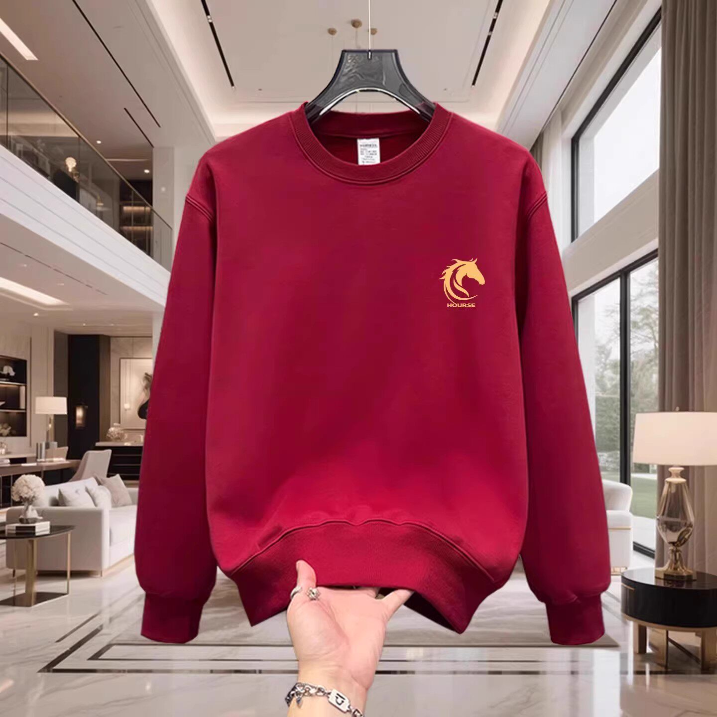 香港正品潮牌秋冬马年本命年酒红色黄色马头打底衫男纯棉加绒卫衣
