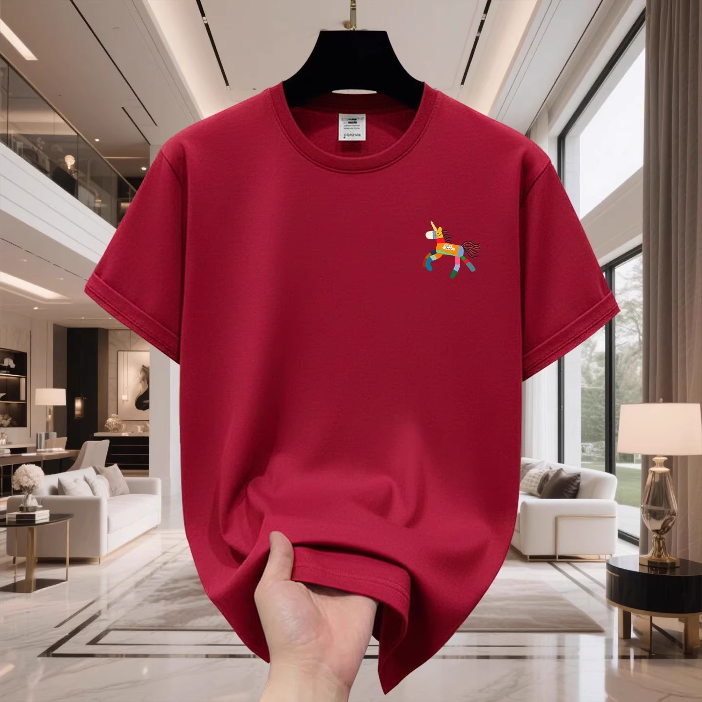 香港正品潮牌马年本命年酒红色彩色木马半袖男女纯棉宽松短袖T恤