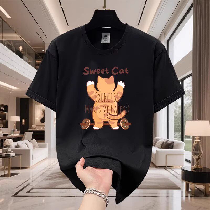 香港正品潮牌夏季卡通举重小猫半袖男生纯棉重磅宽松圆领短袖T恤
