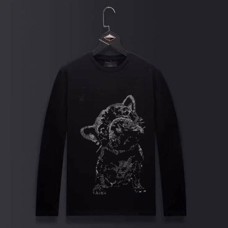 香港正品潮牌秋冬英文小狗烫钻休闲打底衫男纯棉大码加绒长袖T恤