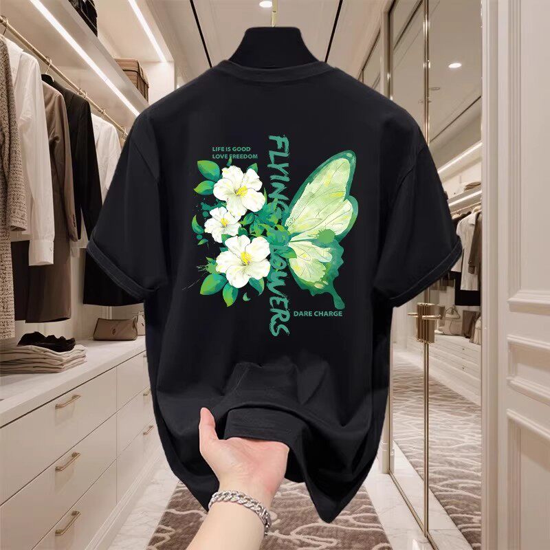 香港正品潮牌夏季绿色蝴蝶花卉半袖男生纯棉重磅宽松圆领短袖T恤