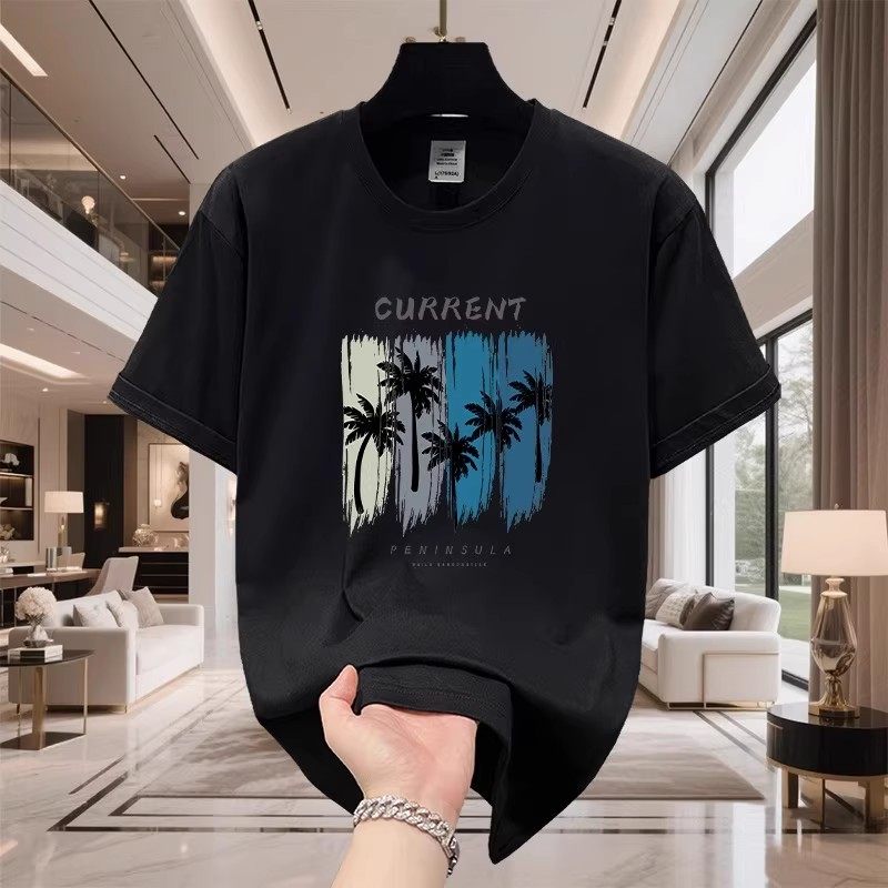 香港正品潮牌夏季蓝色条纹椰树半袖男生纯棉重磅宽松圆领短袖T恤