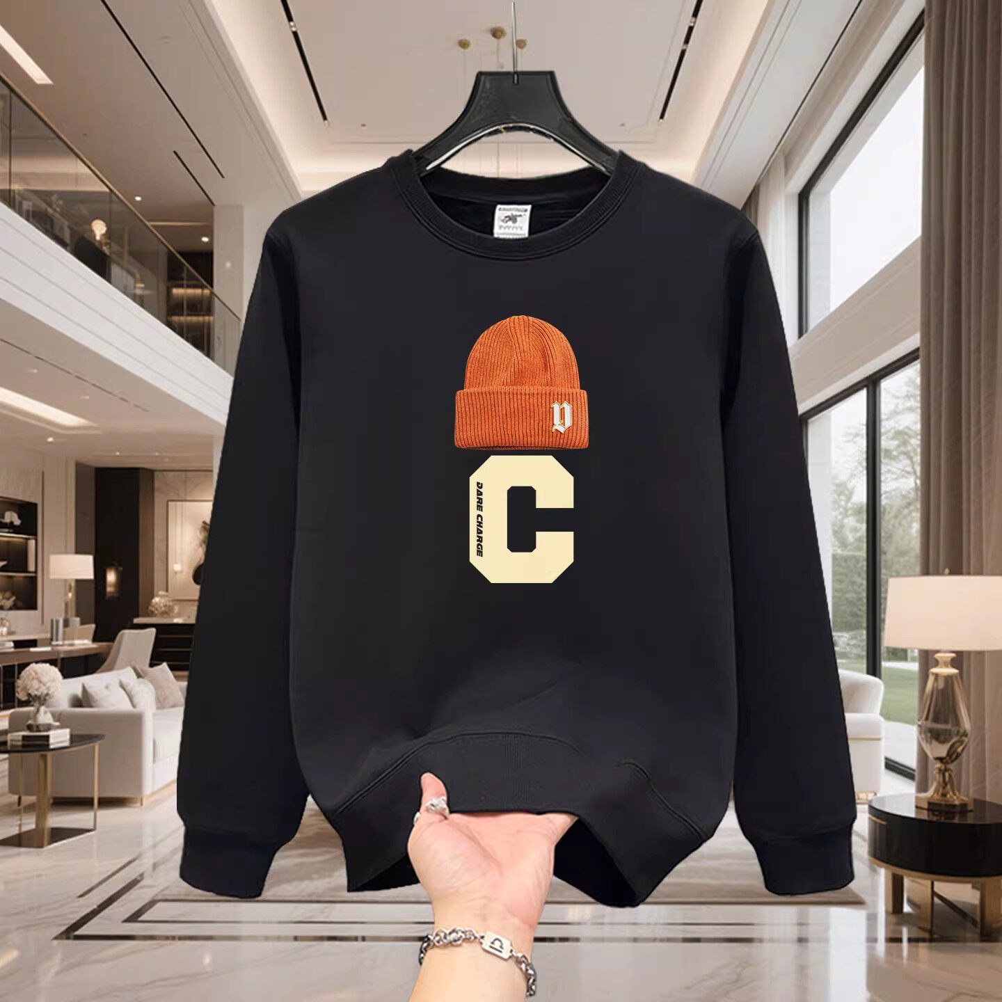 香港正品潮牌秋冬C字母彩色帽子打底衫男女纯棉宽松加绒圆领卫衣