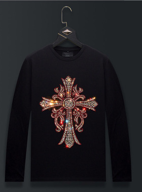 香港正品潮牌秋冬红色十字架烫钻打底衫男女纯棉大码长袖T恤卫衣