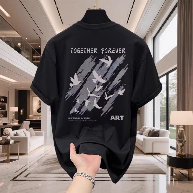 香港正品潮牌夏季涂鸦条纹小鸟痞帅半袖男生纯棉重磅宽松短袖T恤