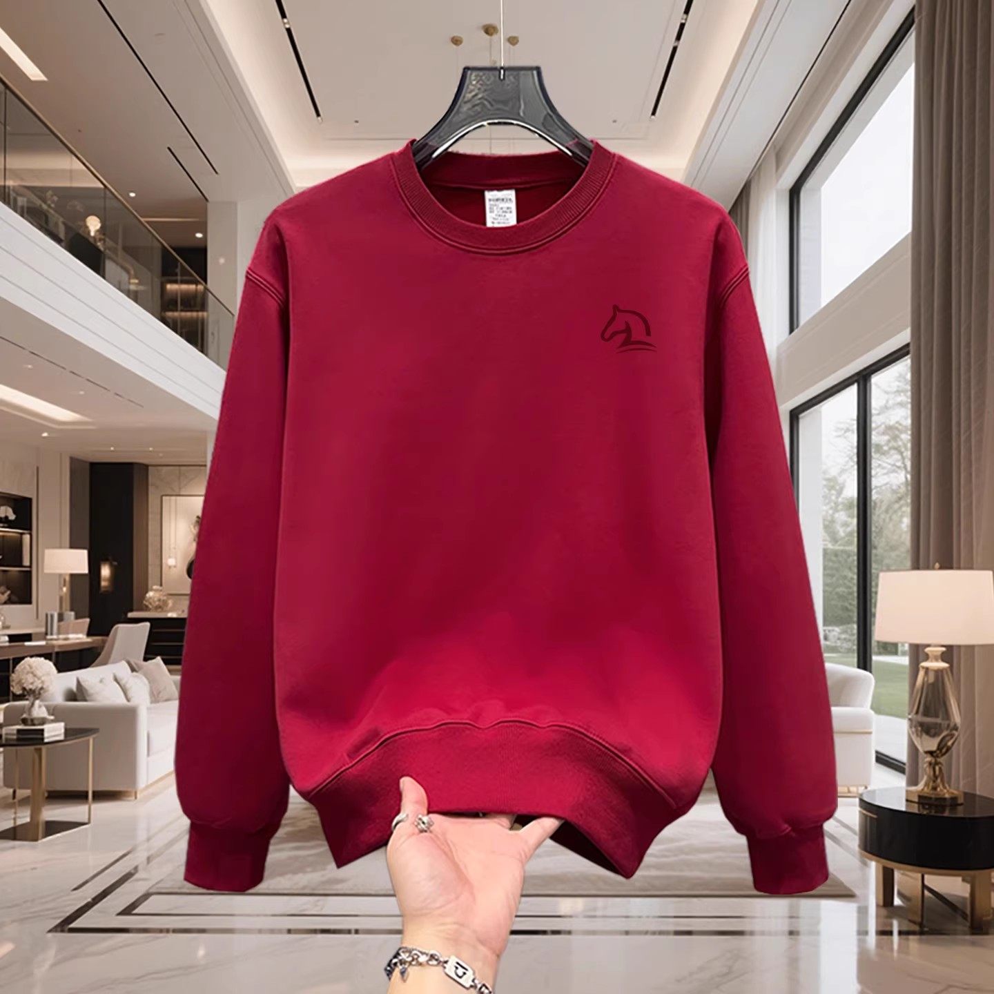 香港正品潮牌秋冬马年本命年酒红色马头打底衫男女款纯棉加绒卫衣