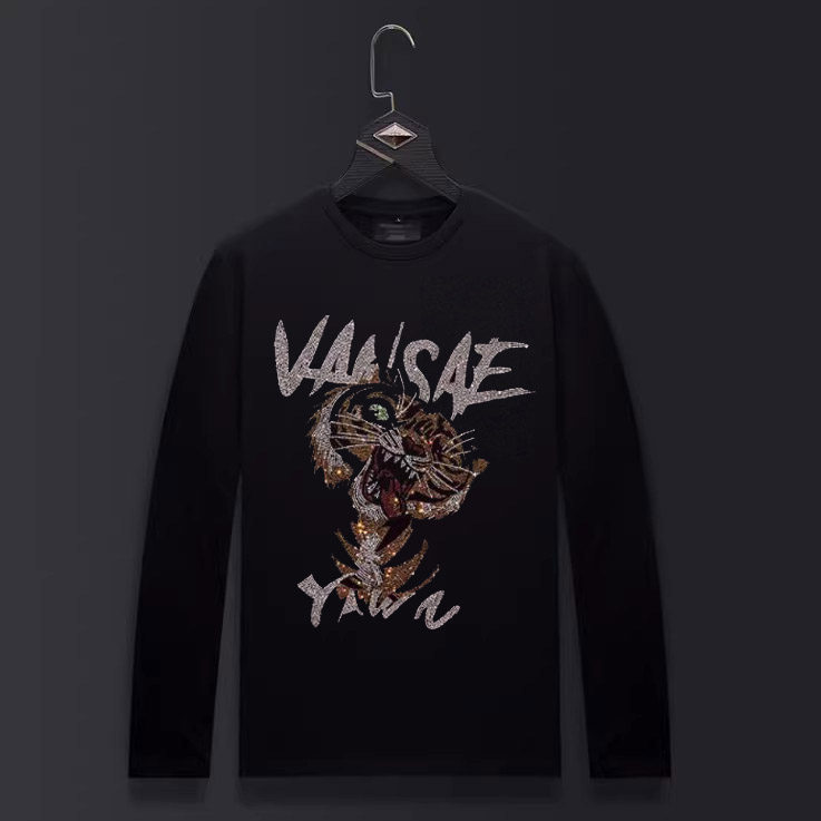 香港正品潮牌秋冬英文老虎烫钻休闲打底衫男纯棉大码加绒长袖T恤