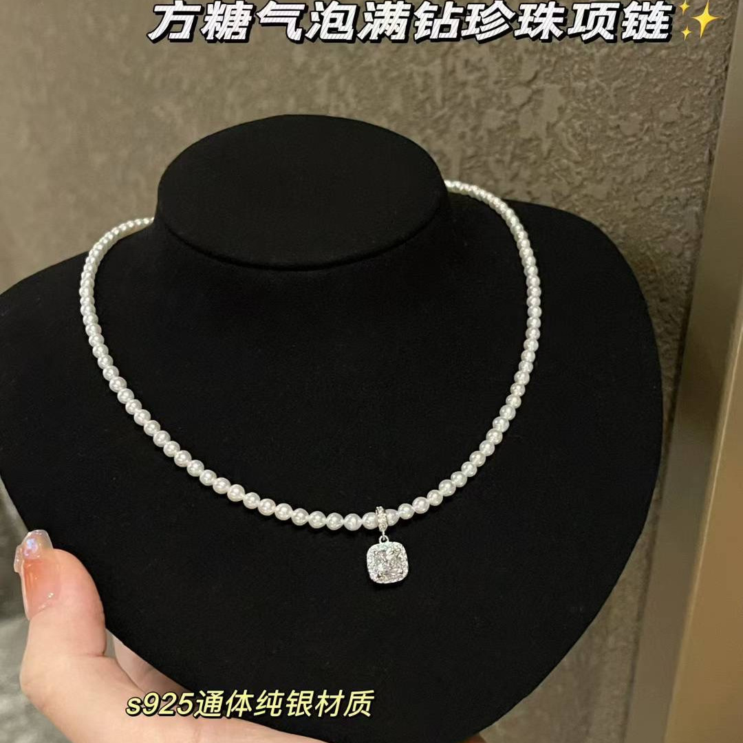 简约气质方糖珍珠项链s925纯银锆石新款轻奢小众日常百搭锁骨链