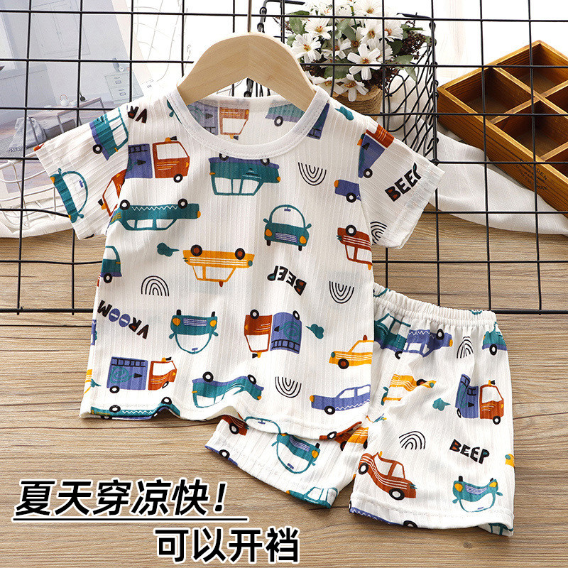 儿童夏季冰丝短袖套装薄男童女童家居空调服吸汗宝宝夏装衣服童装