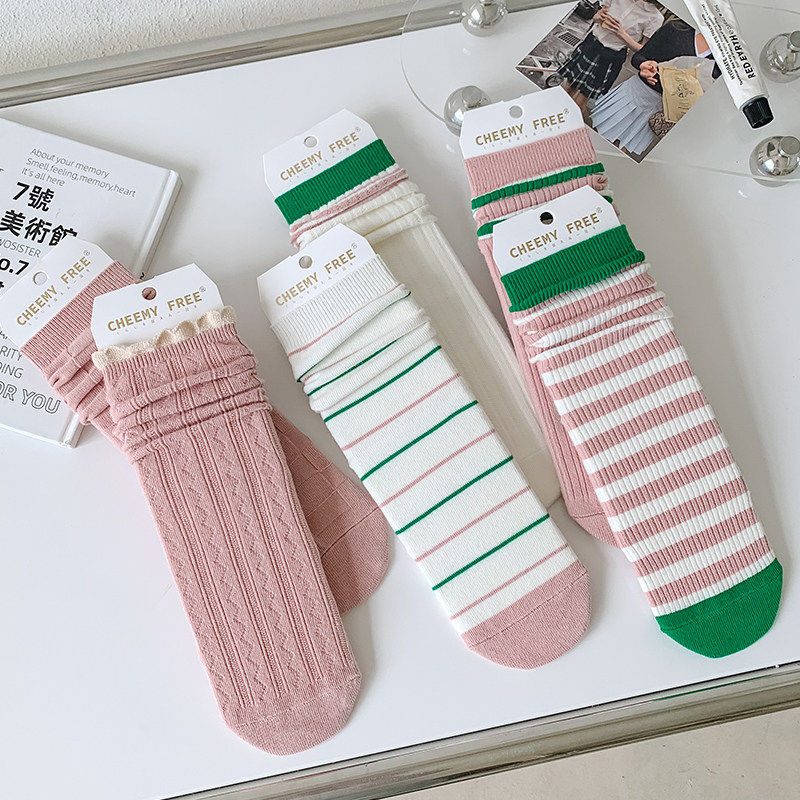 粉绿条纹堆堆袜子女中筒袜纯棉秋冬季可爱简约百搭松口春秋针织袜