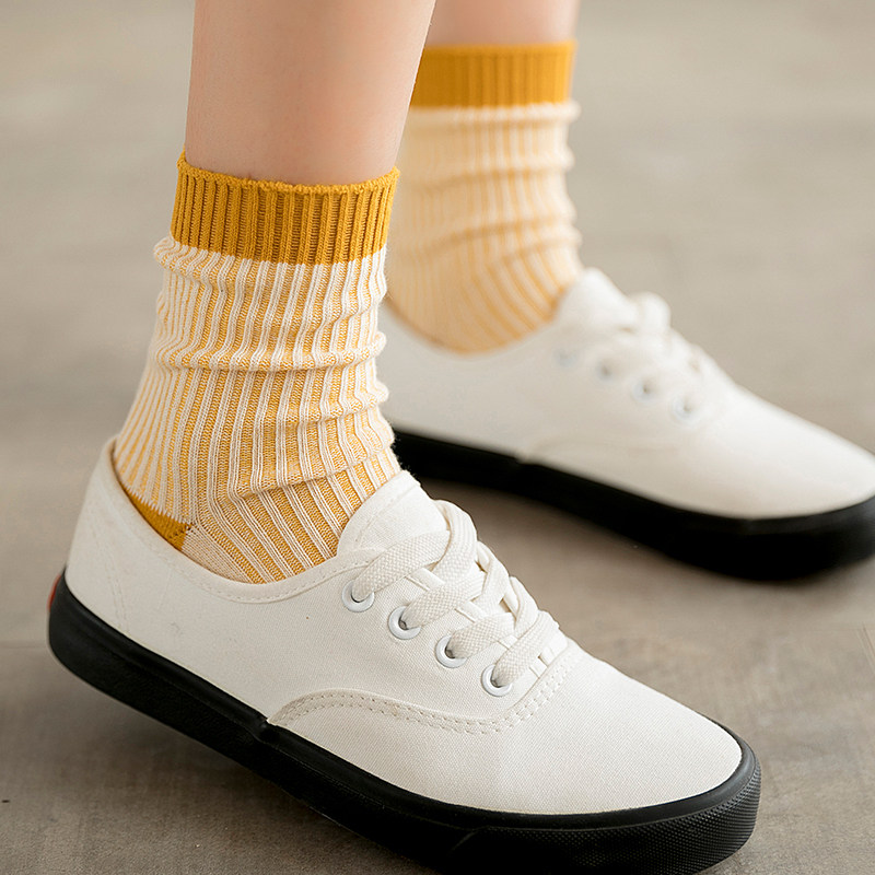 帆布鞋女复古条纹袜子女ins潮运动风学院风纯棉百搭糖果色中筒袜