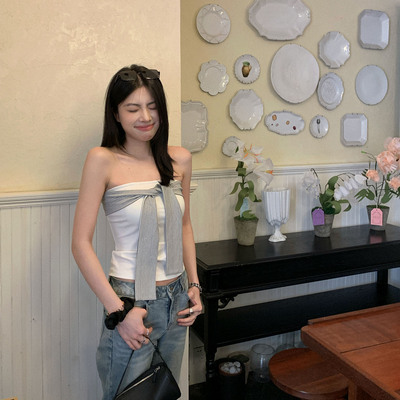 喂狗小面包莫代尔棉条纹系带抹胸