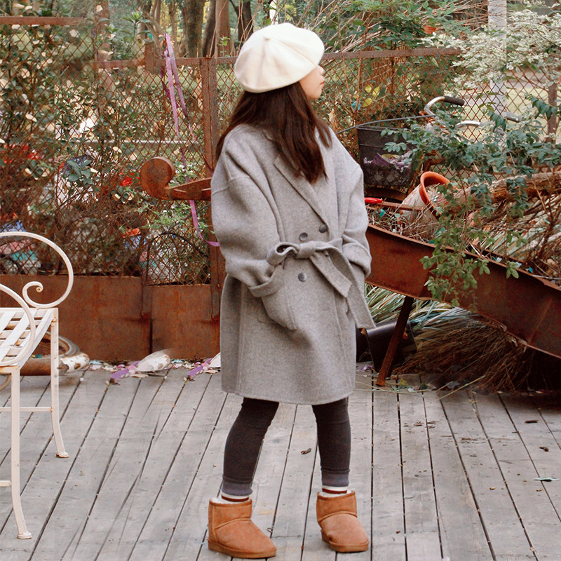 女童双面羊绒大衣浅灰色羊毛小个子女装大童儿童腰带毛呢外套春秋