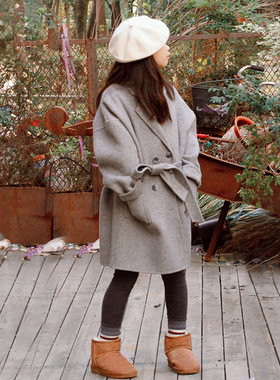 女童双面羊绒大衣浅灰色羊毛亲子女装大童儿童双面绒毛呢外套秋冬