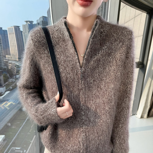 秋冬女装拉毛山羊绒翻领加厚针织拉链开衫大码外套毛衣长袖宽松