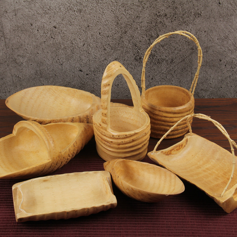 天然老竹根果盘茶道大号点心盘竹根雕水果盘家用手提果篮茶道零配