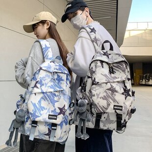 美式街头星星涂鸦书包男款潮牌初中生高中学生背包女高颜值双肩包