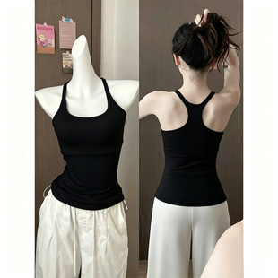 黑色带胸垫挂脖吊带背心女工字美背春夏外穿免穿文胸一体内搭上衣