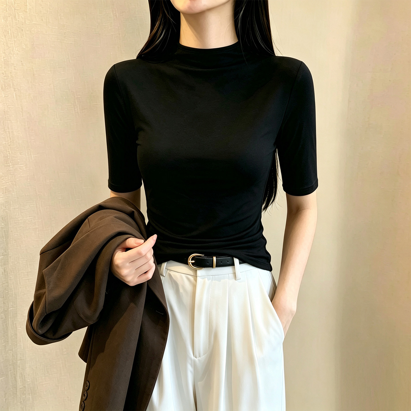 小高领中袖T恤女春夏正肩显瘦图片