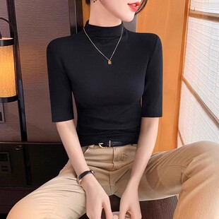 半高领中袖打底衫女春秋2026新款高级感内搭五分短袖黑色t恤上衣