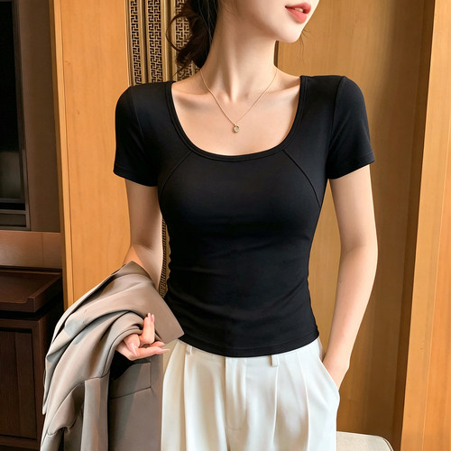 U领短袖t恤女修身夏秋季露锁骨