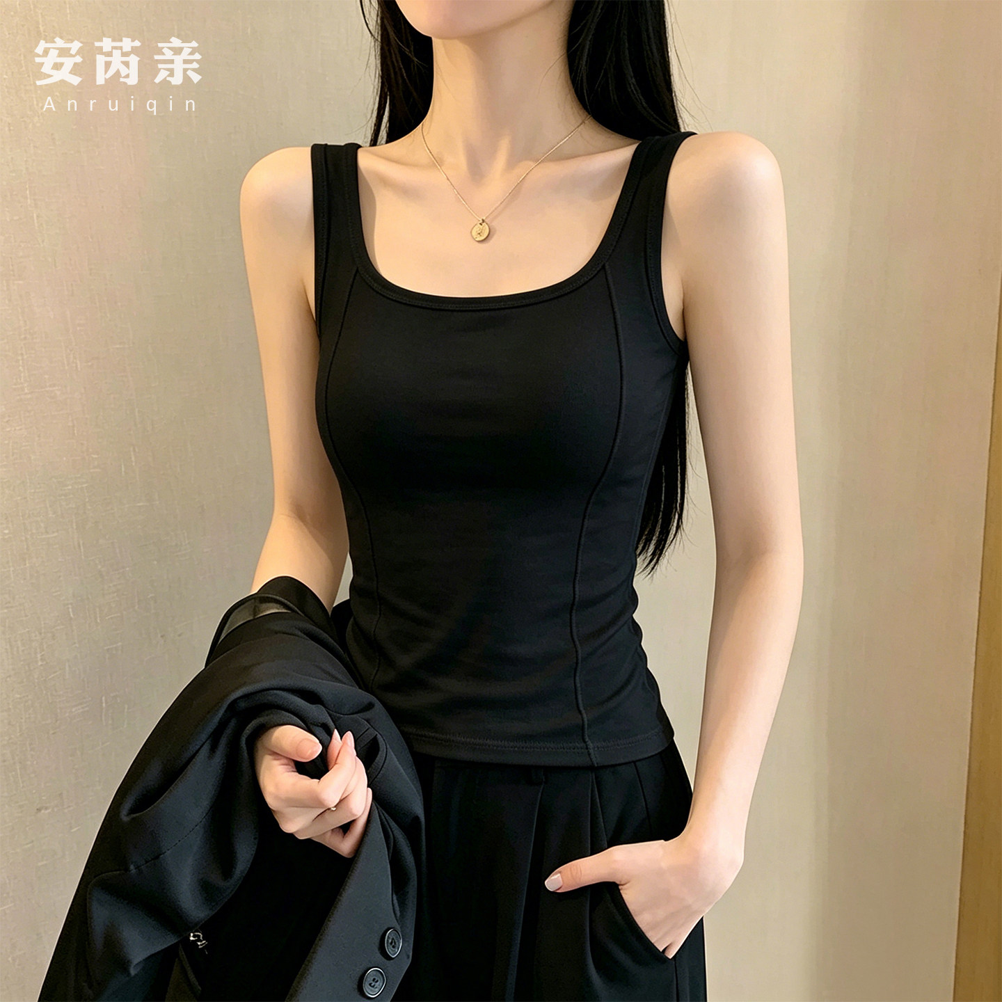 黑色美背吊带背心女夏季新款鱼骨露背内搭遮副乳显瘦外穿打底上衣