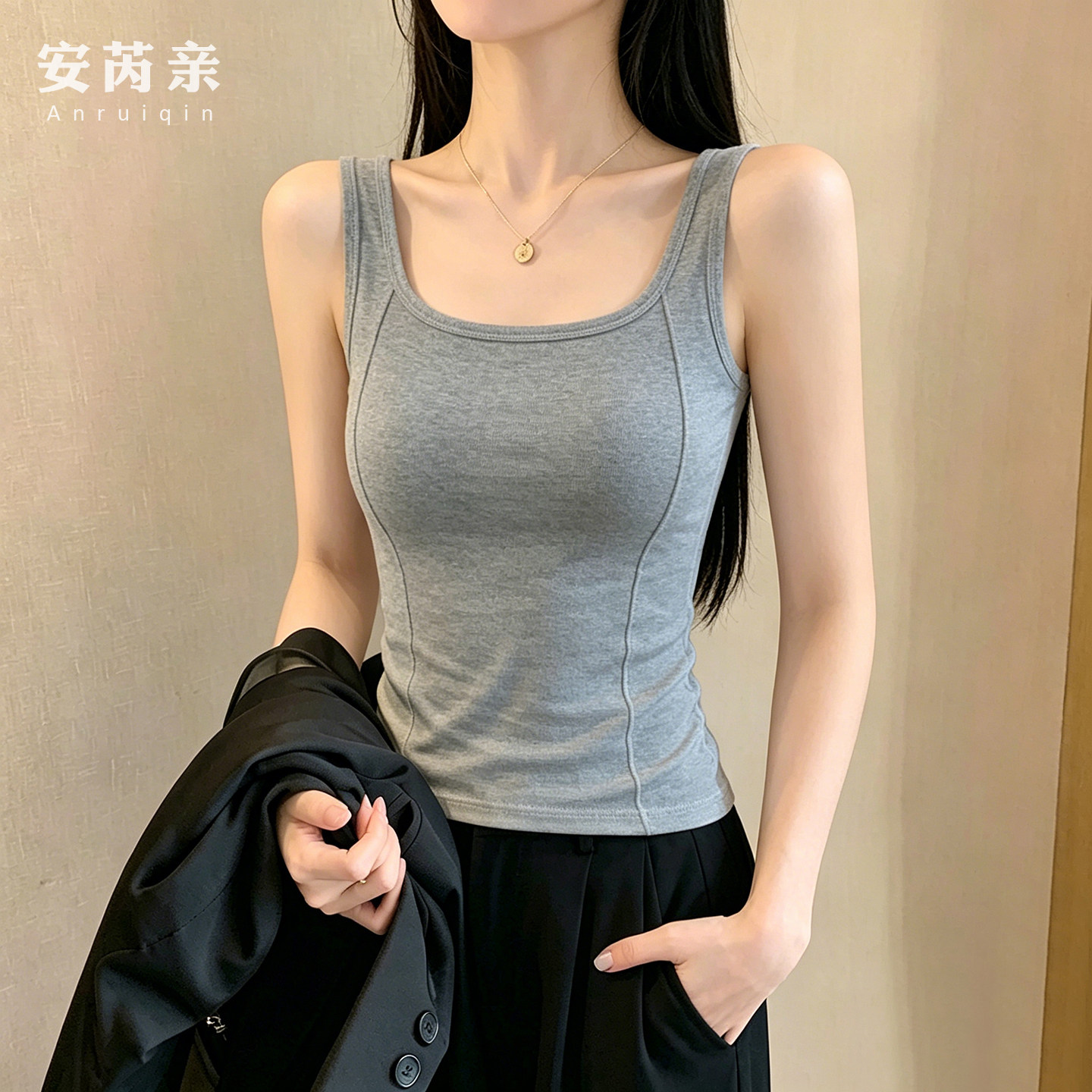 灰色鱼骨背心女美背夏季新款内搭遮副乳显瘦外穿吊带露背打底上衣