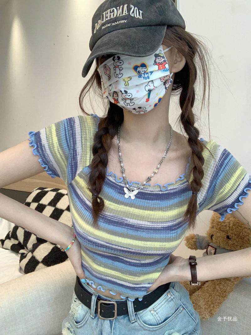 辣妹撞色方领条纹针织短袖t恤女