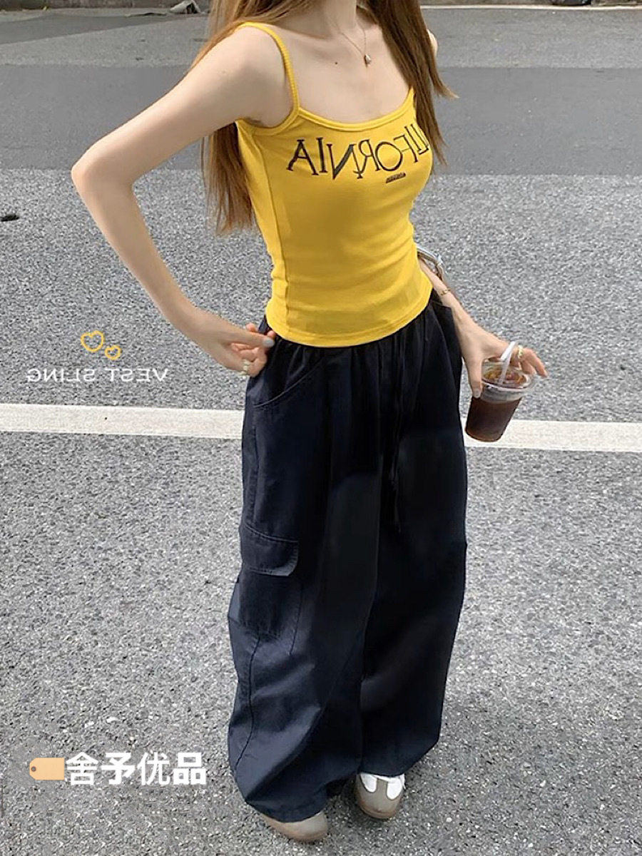 AMERICAN HOT GIRL 노란색 문자 인쇄 캐미솔 여성 겉옷 여름 슬리밍 섹시한 짧은 탑
