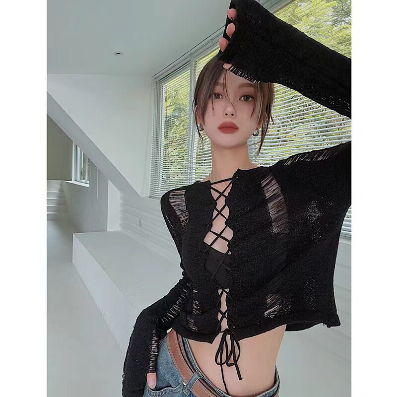 辣妹镂空针织罩衫女小吊带外搭薄款夏季防晒别致修身chic短款上衣
