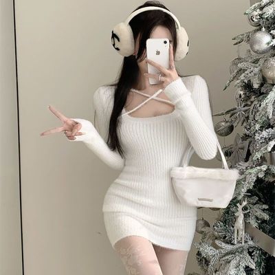 针织连衣裙女显瘦秋冬衣裙袖套裙