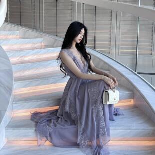 Elyssa 原创冷紫色重工蕾丝v领高级吊带温柔长裙贵气感度假连衣裙