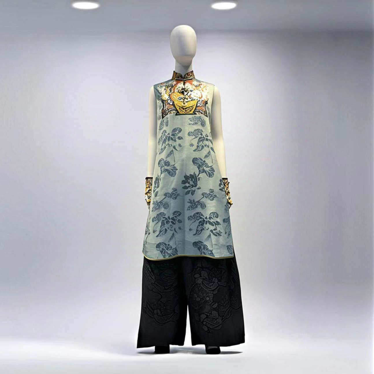 天韵设计原创民族风大提花无袖背心连衣裙刺绣高端盘扣立领复古